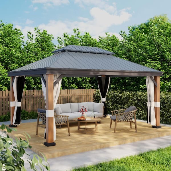 12 ft. x 16 ft. Double Galvanized Steel Roof Aluminum Wood-Looking Frame Outdoor Patio Hardtop Gazebo with Curtains