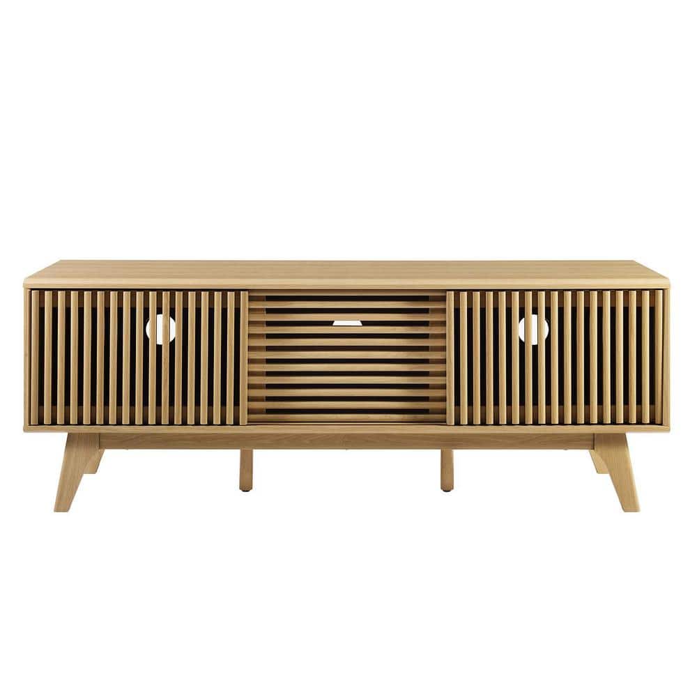 Oak 59" TV Stand with Slatted Sliding Doors