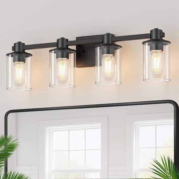 YANSUN 22 in. 4 Light Bathroom Vanity Light, Matte Black Fixtures with Clear Glass Shade, Modern Bathroom Lights Over Mirror