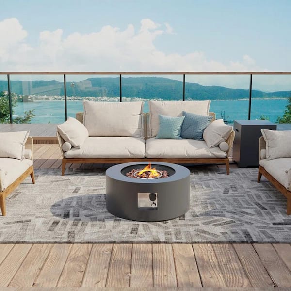 UPHA 28 in. 40,000 BTU Dark Gray Round Iron Outdoor Propane Gas Fire Pit Table with Lid