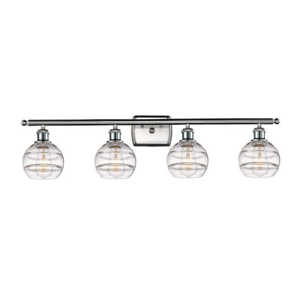Rochester 35.88 in. 4-Light Brushed Satin Nickel Vanity Light with Glass Shade