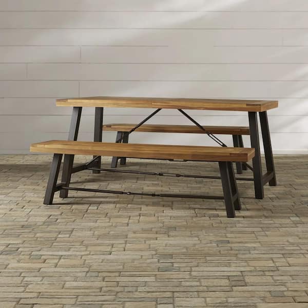 3 Pieces Patio Dining Set With Acacia Wood Dining Table And 2 Benches