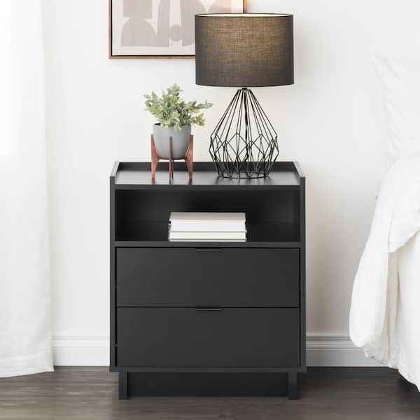 Prepac Simply Modern Black 2-Drawer 23.75 in. W Nightstand,Black Night Stand for Bedroom w/ Open Shelf Nightstand Bedside Table