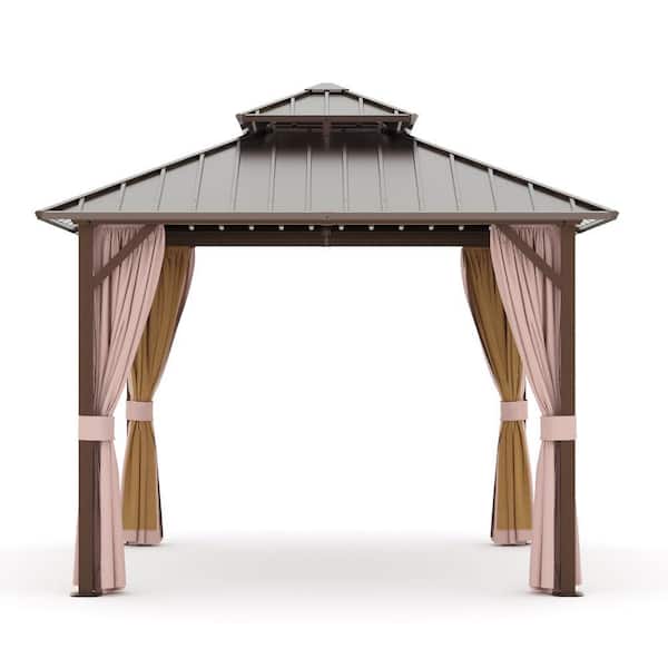12 ft. x 12 ft. Brown Metal Framed Double-Tier Hardtop Gazebo for Backyard