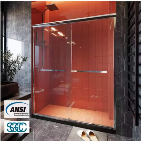 60 in. W x 72 in. H Framed Sliding Glass Shower Door, Dual-sliding Roller-style, Aluminum Alloy Frame, Modern, Silver