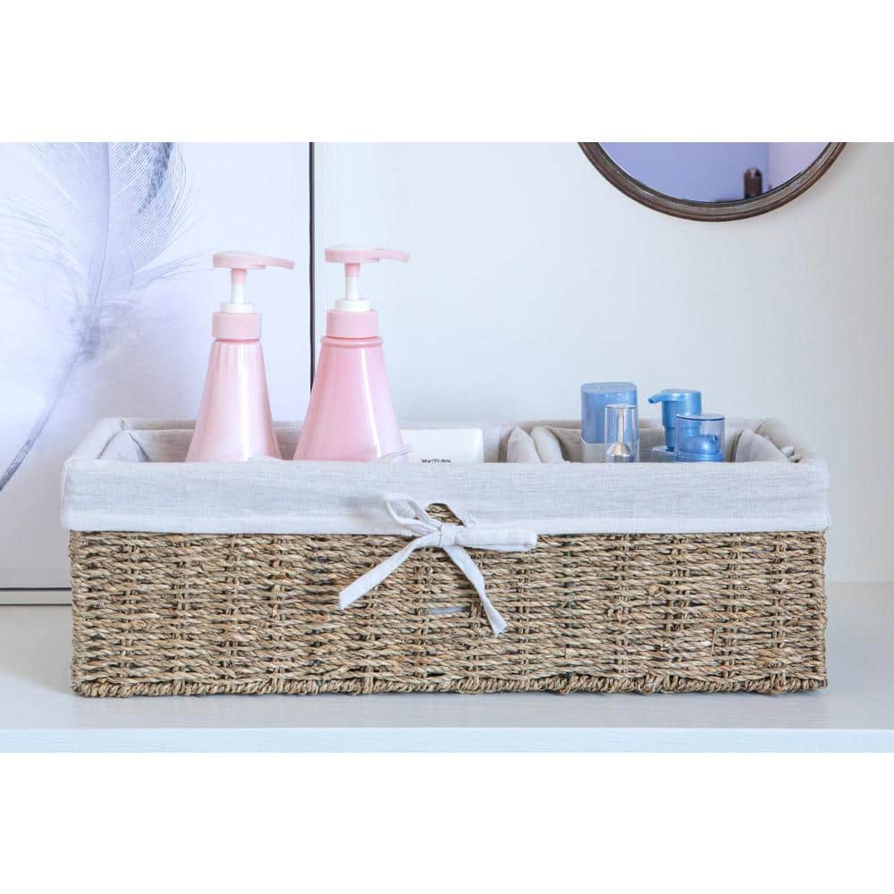 Seagrass Rectangular Storage Baskets with White Lining, Set of 3