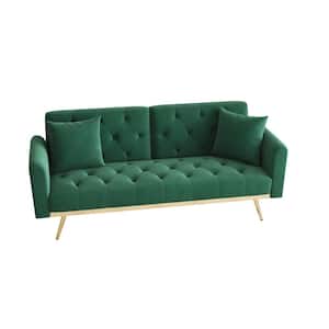 68.3 in.Green Velvet Twin Size Sofa Bed with Two Pillows