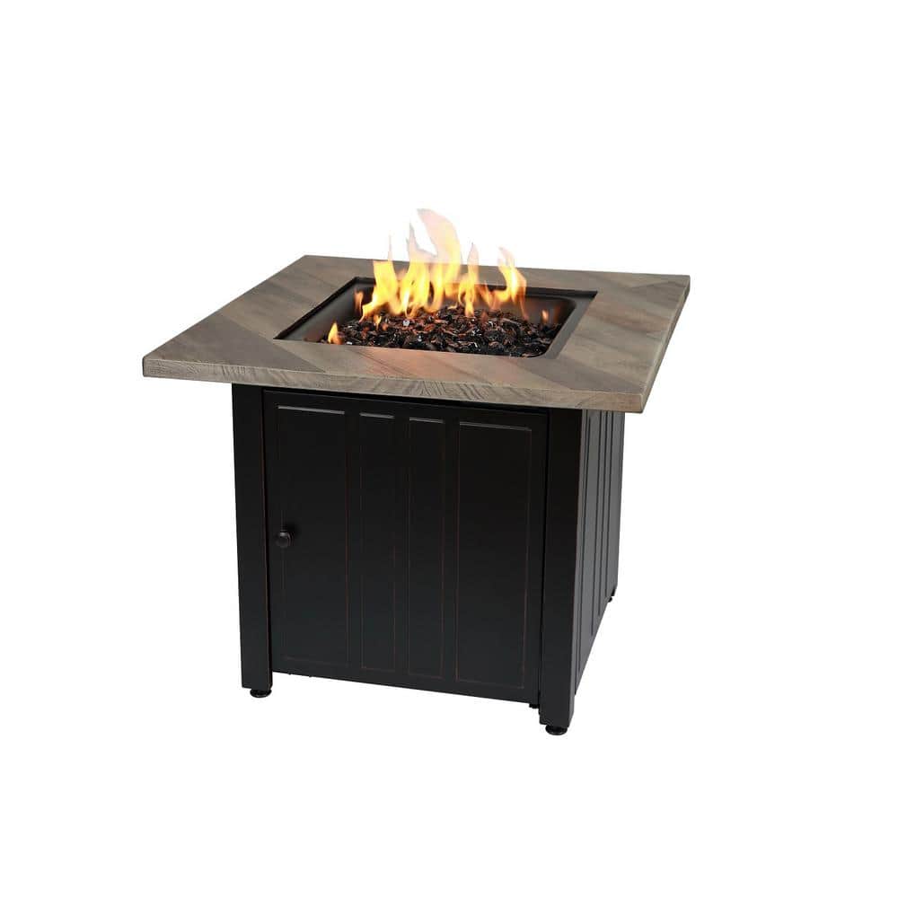 Black and Gray Steel Gas Fire Pit Table with Faux Wood Mantel