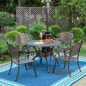 Golden Bronze 5-Piece Cast Aluminum with Round Patio Outdoor Dining Set Table and Stackable Dining Chairs