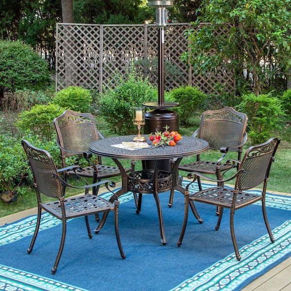 PHI VILLA Golden Bronze 5-Piece Cast Aluminum with Round Patio Outdoor Dining Set Table and Stackable Dining Chairs