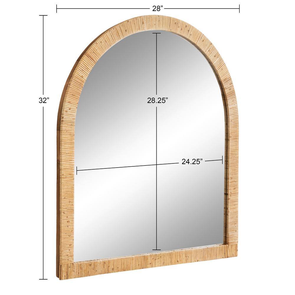 Natural Wood Boho Arch Rattan Wall Mirror, 28 x 32
