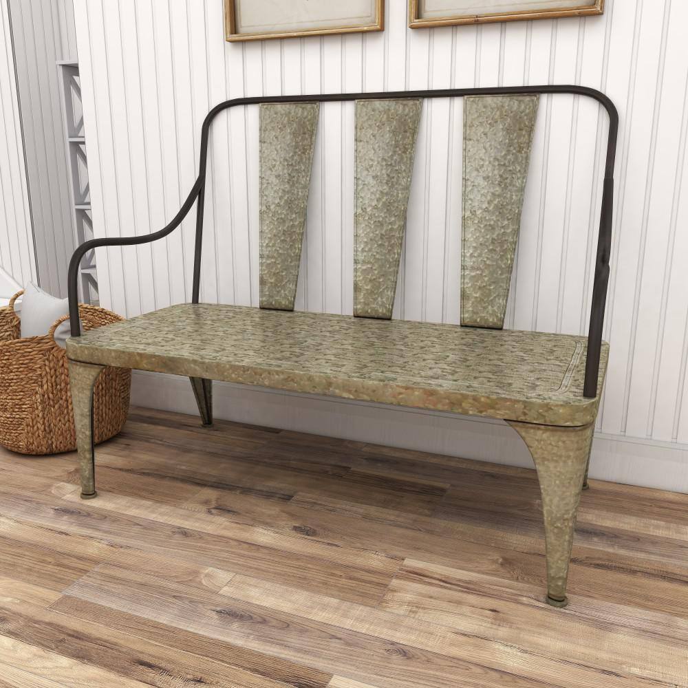 Silver Metal Farmhouse Outdoor Garden Bench, 2-Seater
