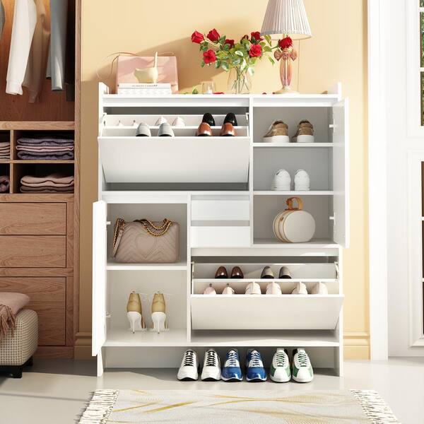 FUFU GAGA White Wood Shoe Storage Cabinet Shoe Rack Storage Organizer with Pegboard 2 Drawers Adjustable Shelves for Entryway KF170350 01 The Home Depot