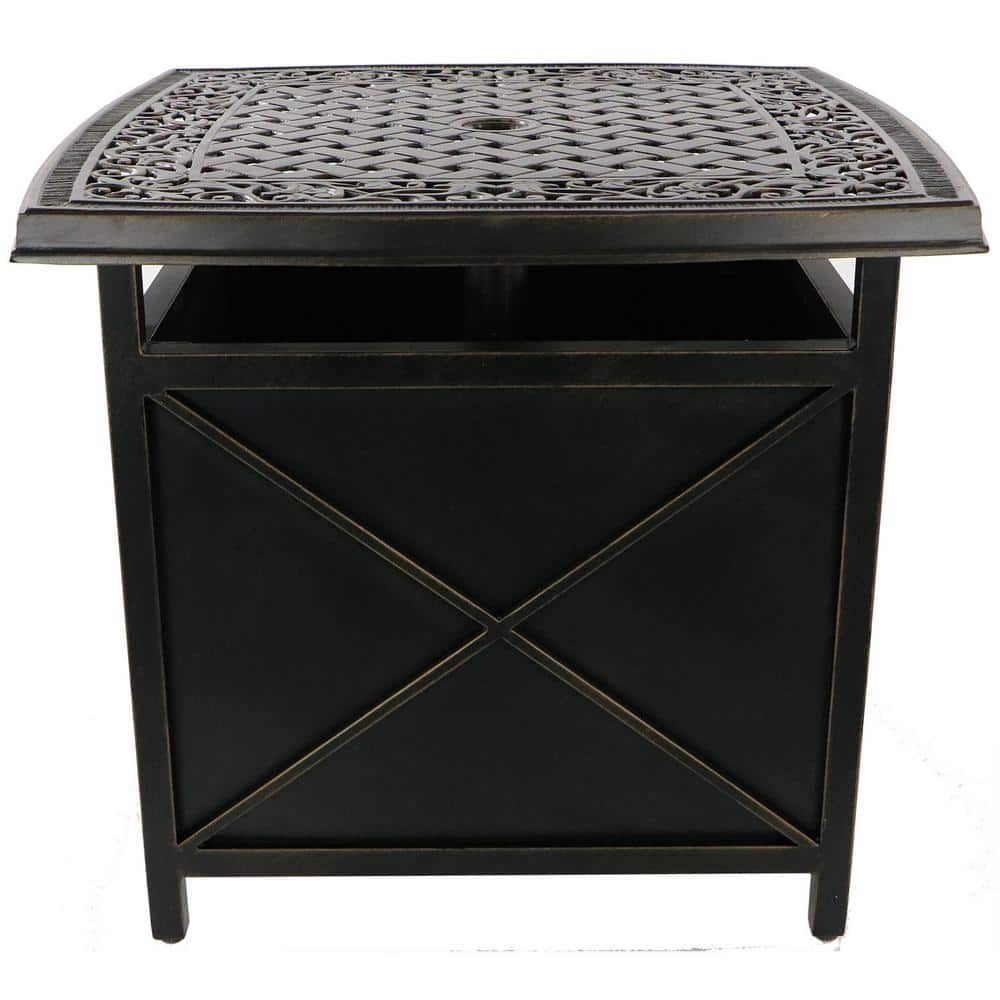 Bronze Cast Aluminum Square Patio Table with Umbrella Holder