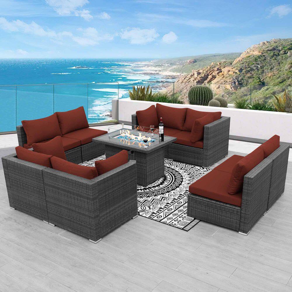 9-Pieces Gray Wicker Outdoor Sectionals Patio Furniture Set Conversation Se