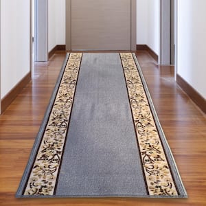 Flower Bordered Gray Color 26 in. Width x Your Choice Length Custom Size Roll Runner Rug/Stair Runner