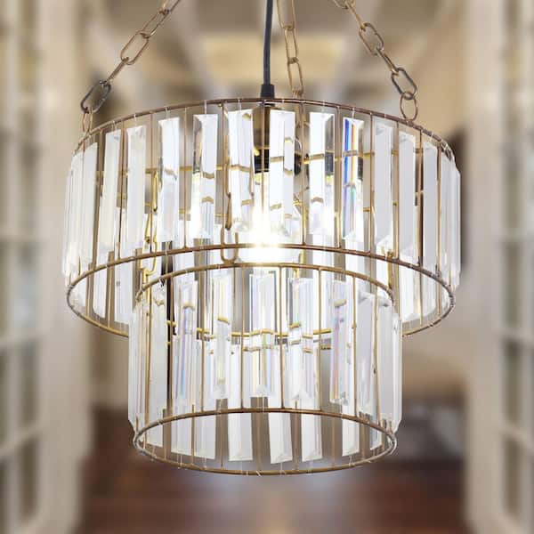 Klaus 1-Light Gold and Clear Hanging Chandelier Pendant Light with Glass and Metal 2-Tier Shade