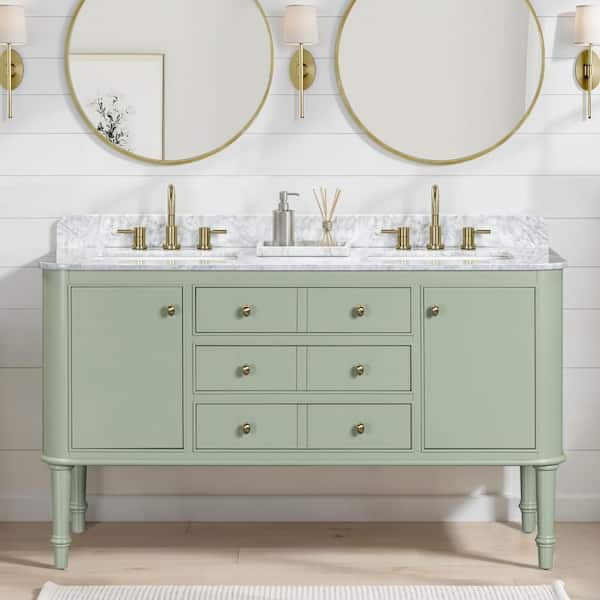 Collette 60 in. Double Sink Freestanding Bathroom Vanity in Moss Green with White Carrara Marble Top (Assembled)