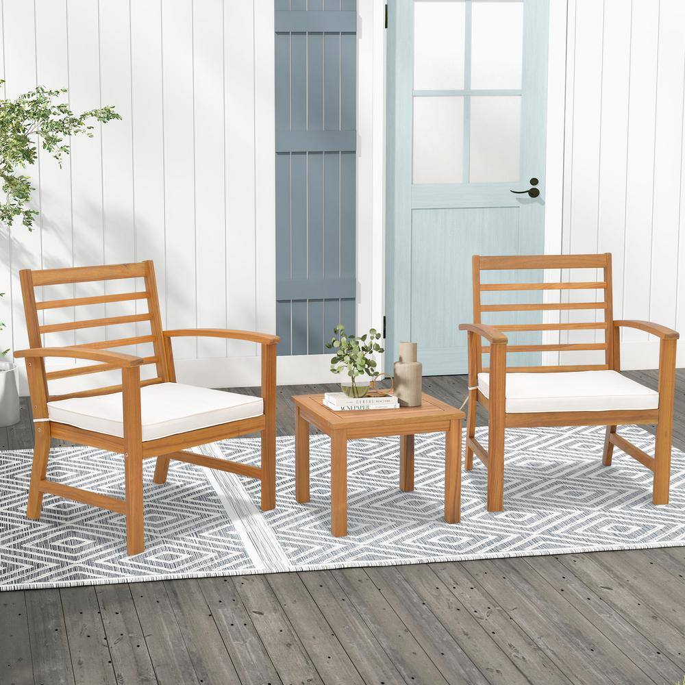 3-Piece Acacia Wood Patio Conversation Set with Soft Seat White Cushions, Humanized Design price history on PriceWatchPro