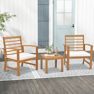 3-Piece Acacia Wood Patio Conversation Set with Soft Seat White Cushions, Humanized Design
