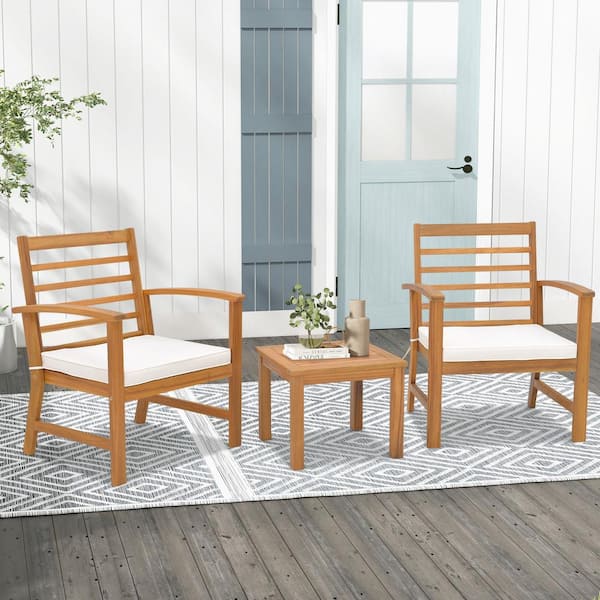 ANGELES HOME 3-Piece Acacia Wood Patio Conversation Set with Soft Seat White Cushions, Humanized Design