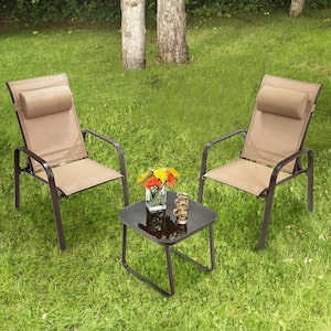 Brown 3-Pieces Metal Square 16.5 in. Outdoor Bistro Set Adjustable Back Stackable Chairs