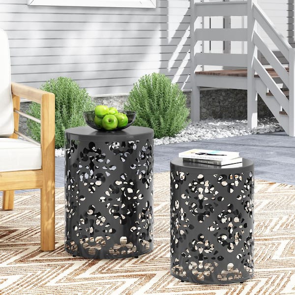 Sudzendf Black Cylindrical Iron Outdoor Side Table 2-Piece