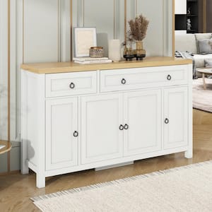 Brown and Antique White Wood Top 59.1 in. Sideboard with 4 Height-Adjustable Cabinets, Flip Door Storage, Drawer