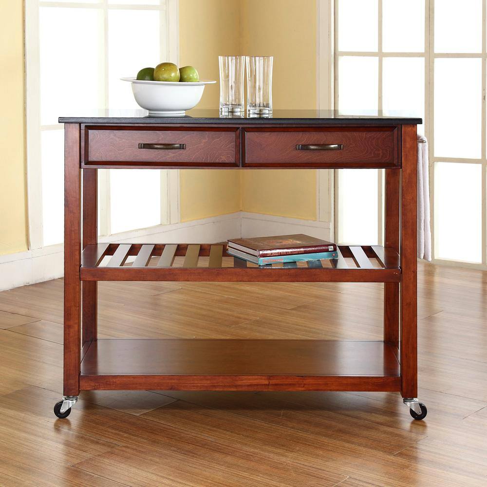 Cherry Wood Kitchen Cart with Black Granite Top and Wine Rack