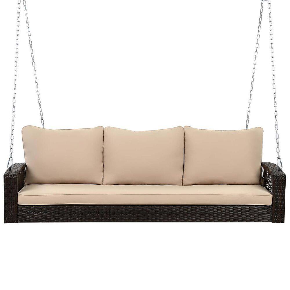 3-Person PE Wicker Porch Swing, Hanging Porch Swing with Cushions and Chain