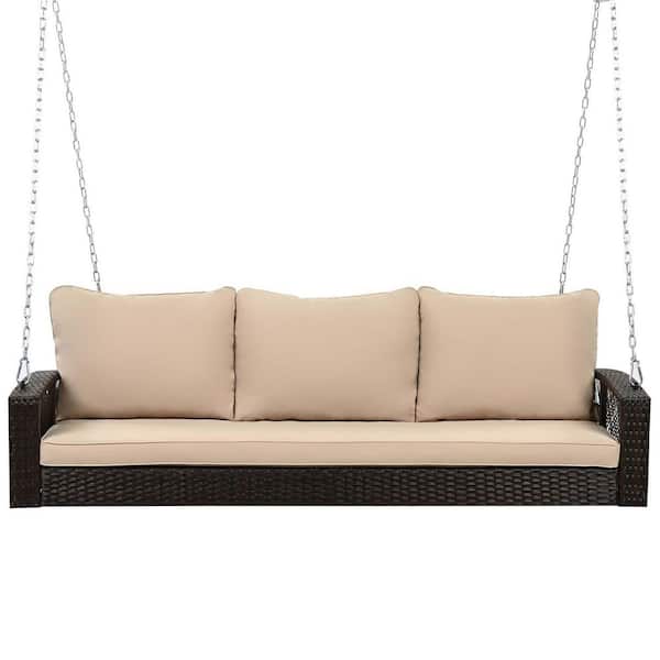 Unbranded 3-Person PE Wicker Porch Swing, Hanging Porch Swing with Cushions and Chains, for Garden, Yard, Lawn, Brown