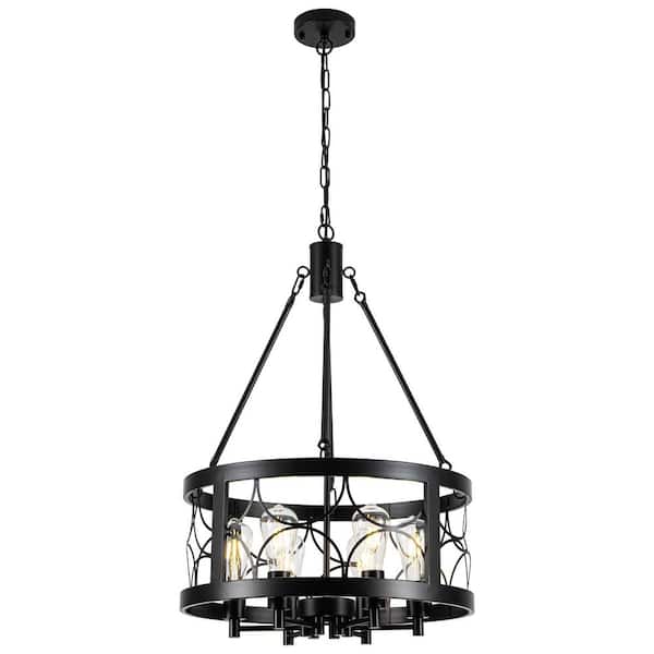 6-Light Black Farmhouse Chandelier Drum Pendant Light for Kitchen Island, Dining Room, Living Room