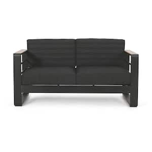 Modern Design Aluminum Outdoor Loveseat with Cushion Guard, Black Cushions, Wood-plastic Composite Accents on Arms
