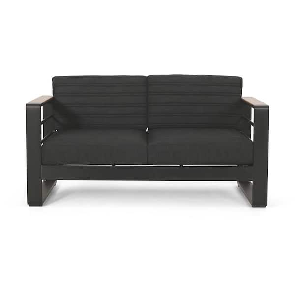 Unbranded Modern Design Aluminum Outdoor Loveseat with Cushion Guard, Black Cushions, Wood-plastic Composite Accents on Arms