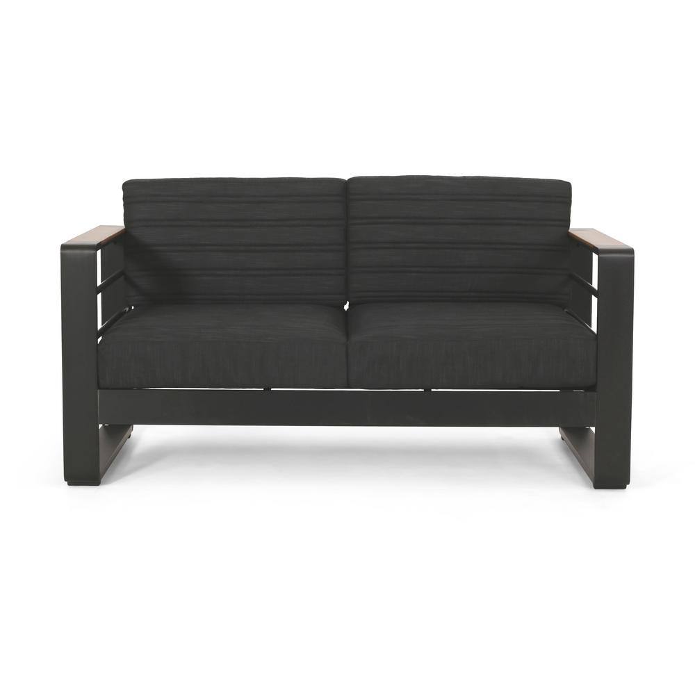 Modern Design Aluminum Outdoor Loveseat with Cushion Guard, Black Cushions, Wood-plastic Composite Accents on Arms price history on PriceWatchPro