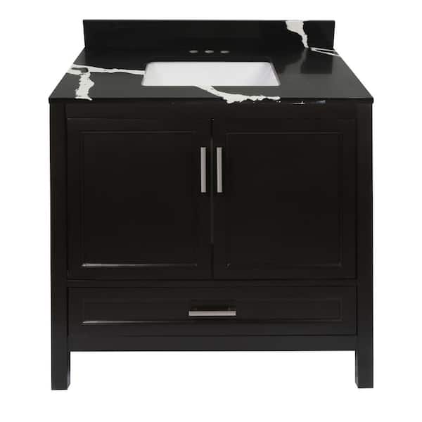 Amluxx Salerno 37 in. W x 22 in. D Bath Vanity in Espresso with Quartz Stone Vanity Top in Calacatta Black with White Basin