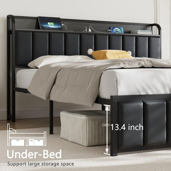 Full Bed Frame, Black Metal Frame Platform Bed Upholstered Headboard with Storage Charging Station, Sturdy Metal Slats