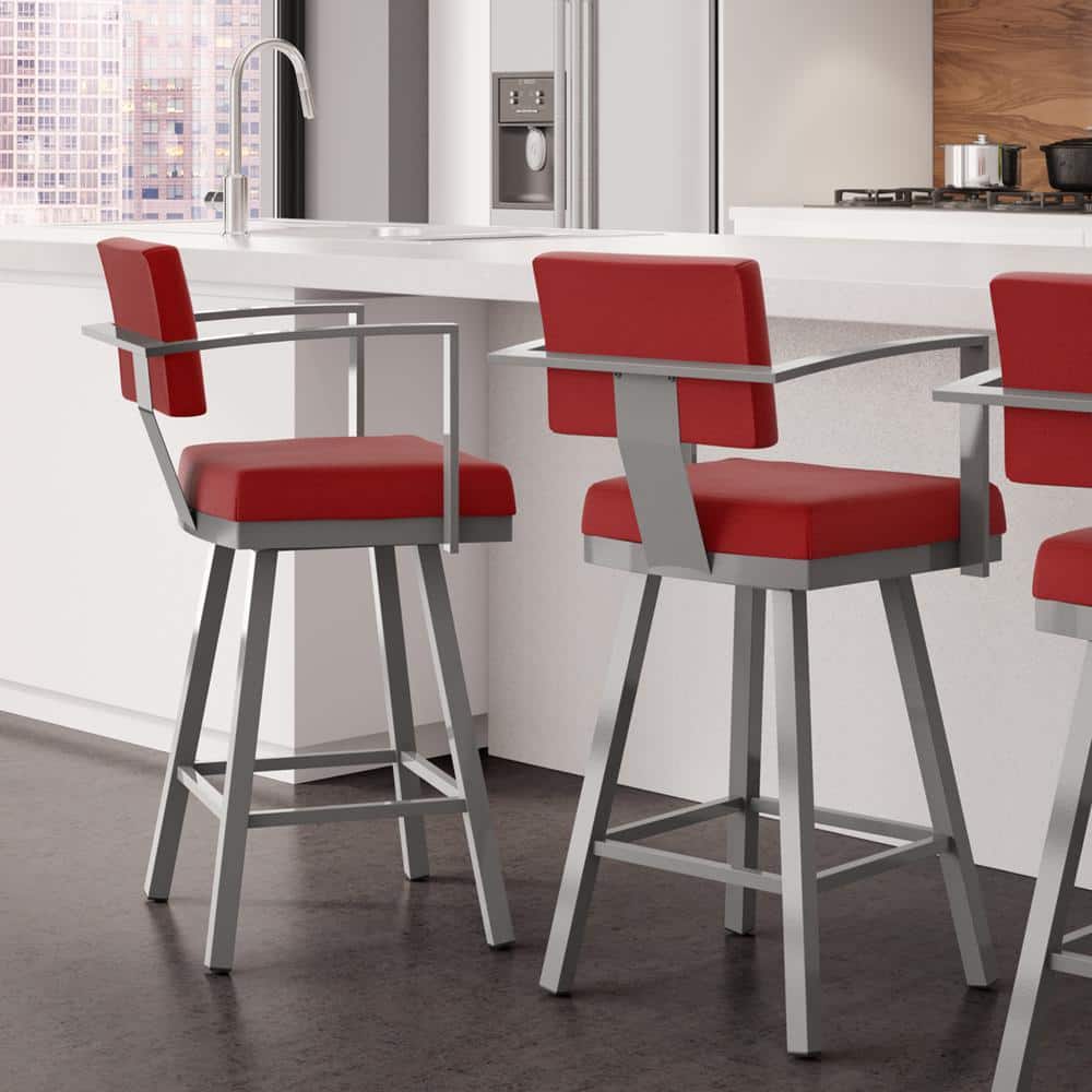 Akers 26" Swivel Counter Stool in Red Polyester & Metallic Grey