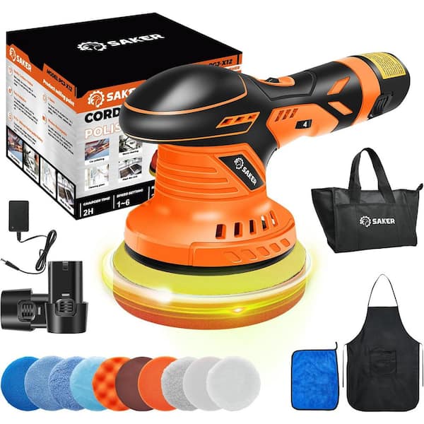 Saker Cordless Buffer Polisher 6 in. Fast Charging Portable Car Polishing Kit Orange 2 Batteries with Organizer GJ62117 X48448 The Home Depot