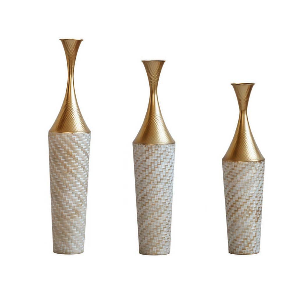 Dracelo Set of 3 Cylindrical Gold and White Geometric Metal Vases, 35. ... - Geometric Metallic Vases