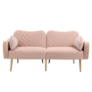 Modern 65 in. Pink Velvet Couch 2-Seater Loveseat Sofas Sleeper Sofa with Armrest and 2-Bolster-Pillows