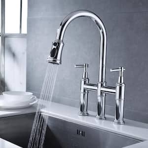 Hot and Cold Double Handle Brass Bridge Kitchen Faucet with Pull-Down Spray Head in Polished Chrome