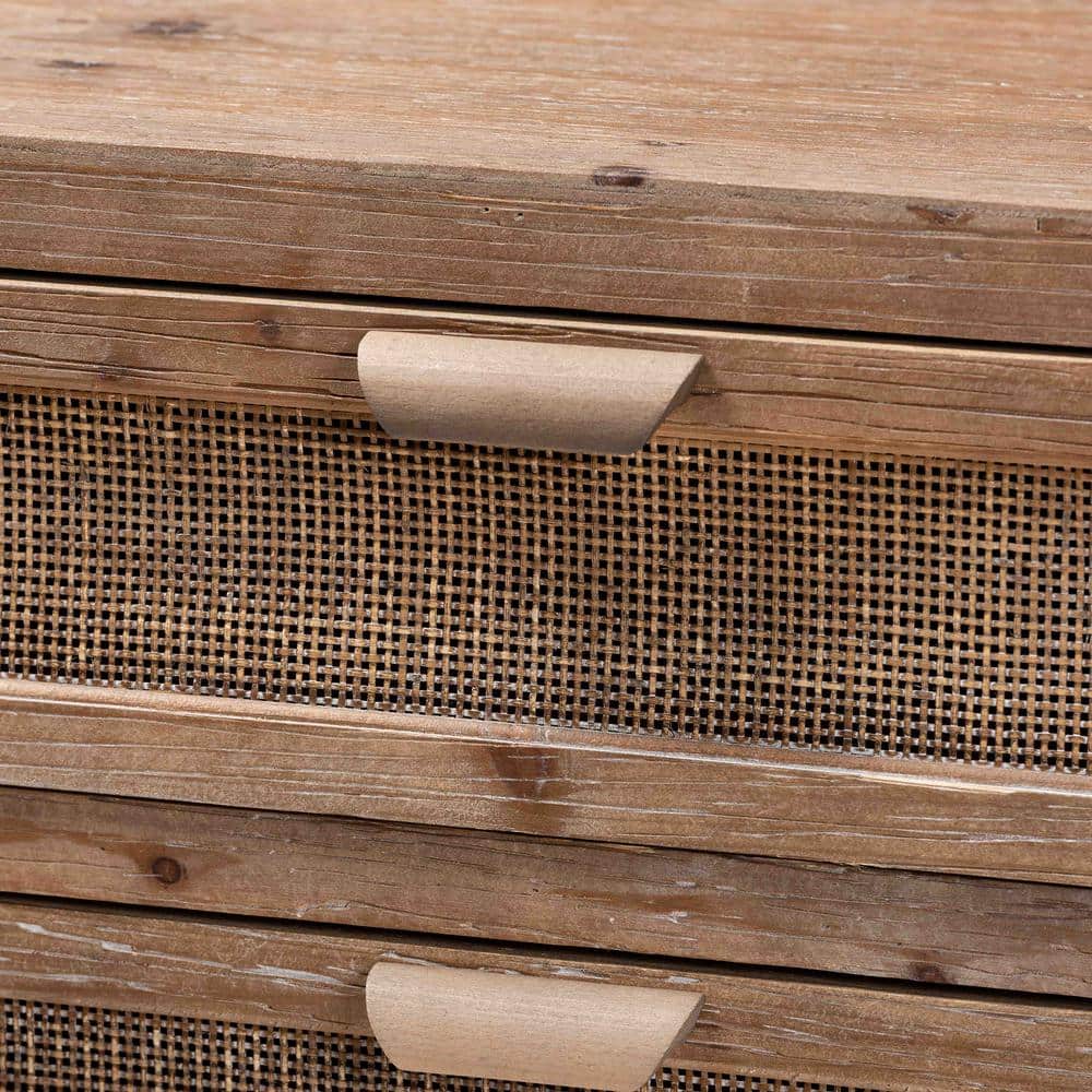 Mid-Century Natural Brown Wood and Rattan 3-Drawer Cabinet