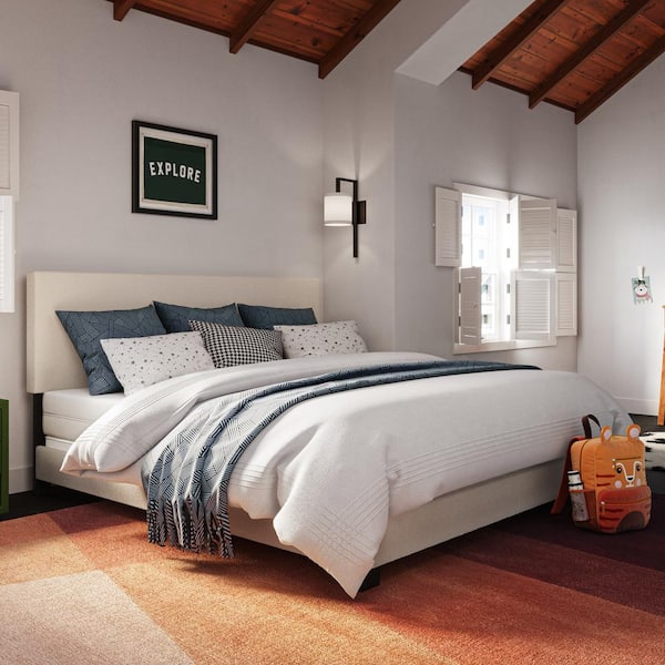 CorLiving Celeste Beige Boucle Wood Frame King Panel Bed