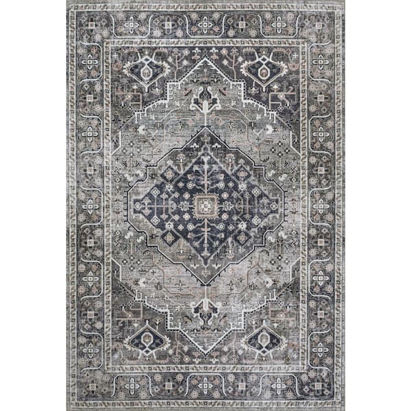 Alacati Ogee Medallion Machine-Washable Dark Gray/Light Gray 3 ft. x 5 ft. Area Rug
