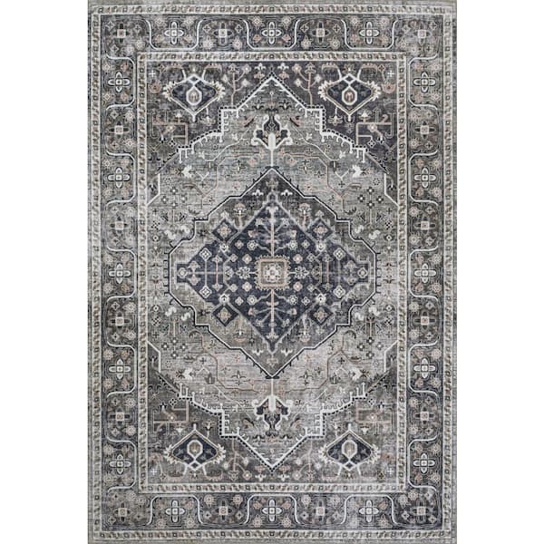 Alacati Ogee Medallion Machine-Washable Dark Gray/Light Gray 8 ft. x 10 ft. Area Rug