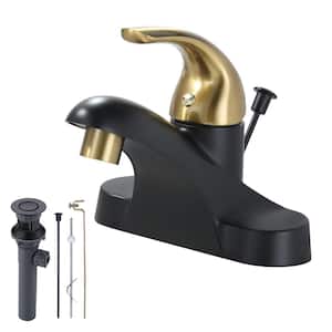 Durable 4 in. Centerset Single Handle Mid Arc Bathroom Faucet with Drain Kit in Black and Gold
