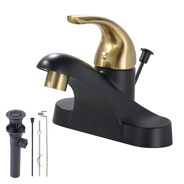 Durable 4 in. Centerset Single Handle Mid Arc Bathroom Faucet with Lift Rod Drain and Supply Lines in Black and Gold