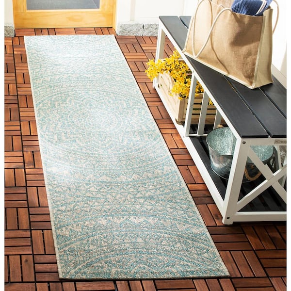 Courtyard Light Gray/Aqua 2 ft. x 5 ft. Medallion Indoor/Outdoor Runner Rug