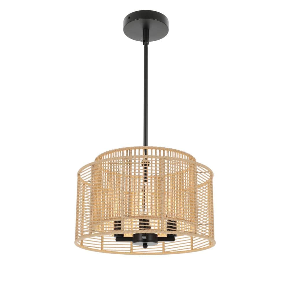 14.76 in. 4-Light Boho Hand Woven Rattan Black Chandelier Height Adjustable